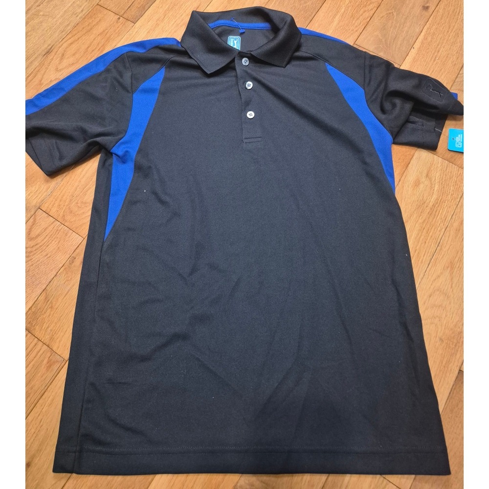 PGA TOUR Boys Black Blue Colorblock Short Sleeve Polo Shirt L 14/16 PVKS50D9DS